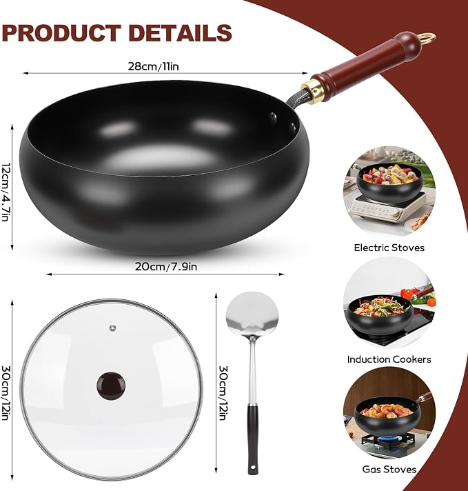 Gugxiom Suntuup Japanese Iron Pan, 28cm Cast Iron Wok, with Spatula, 2 Covers to Choose From, for Pots On Electric Stoves/Induction Cookers/Gas Stoves (Glass lid)