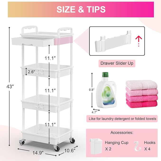 Goovilla 4 Tier Rolling Utility Cart Organizer with Removable Drawer, White | Stable and Sturdy Rolling Storage Carts with 2 Lockable Wheels for Bathroom, Kitchen, Snack, Craft, Makeup, Baby Essentials