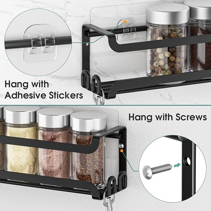 LUCYCAZ 4 Pack Wall Mounted Spice Rack for Kitchen Cabinet,RV,Camper,Black | 16 Metal Hooks, Space-Saving,Screw or Adhesive Spice Shelf Hanging,for Pantry Door Spice Jars & Seasonings,11.41×2.75×2.36in