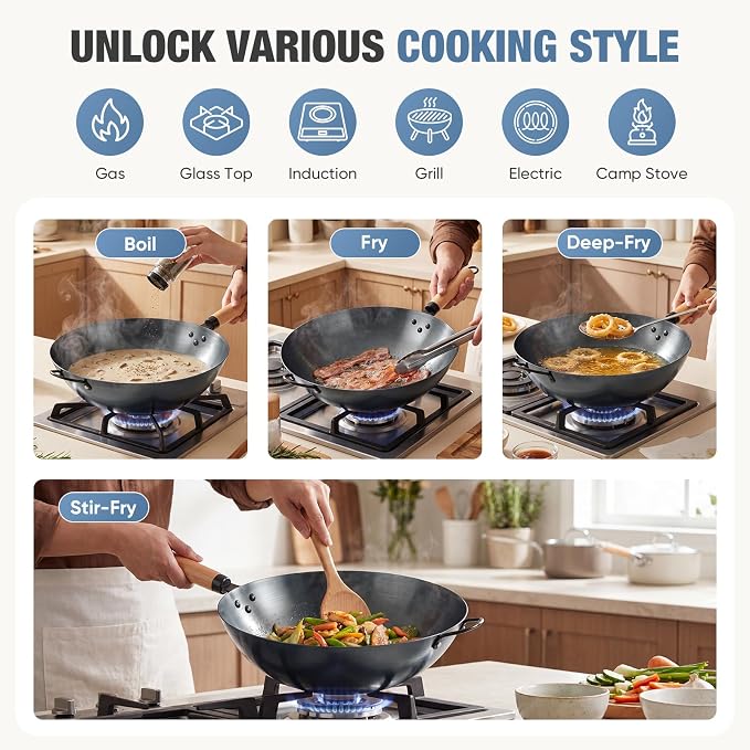 DUMOS 13.5" Carbon Steel Wok Pan, No Chemical Coating, Pre-Seasoned Flat Bottom Pow Wok for Family Meals and Camping, Compatible with Induction, Electric, Gas, Open Fire, Black