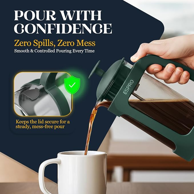 ESPRO P3 French Press Coffee Maker, 32oz, Green, Double Micro Filter Press | Grit-Free Coffee Press, Thicker Borosilicate Heat Resistant Glass french press, Tea Press, Easy Coffee Brewer, Tea Brewer