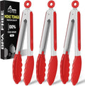 Hotec Mini Silicone Kitchen Tongs for Cooking - 7-Inch Small Serving Tongs with Silicone Tips, Set of 3 (Red)