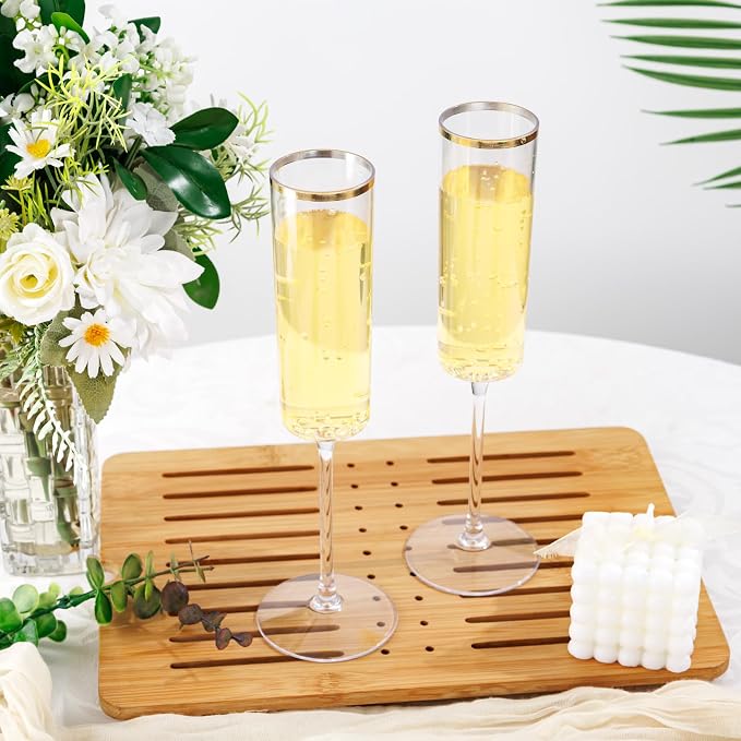 Ciaell 24 Pack Gold Plastic Champagne Flutes for Weddings Birthdays | 6 oz Clear Gold Rim Square Toasting Cups, Heavy Duty Plastic, Champagne Wine Mimosas Cocktails for Anniversaries Parties Bars