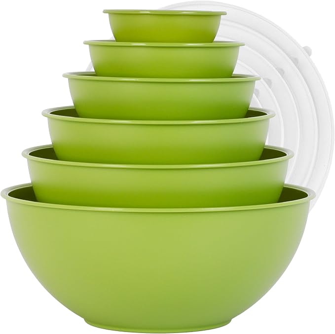 BoxedHome BPA Free Plastic Round Mixing Bowl with Lids, 12 Pack Nesting Bowls with Lids Set, Microwave and Dishwasher Safe Prep & Serving Bowls Great for Mixing, Baking, Serving (Light Green, 12pcs)