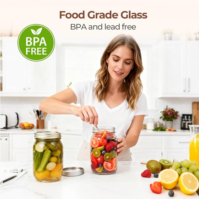 ComSaf 32 oz Wide Mouth Mason Jars 2 Pack Large Glass Jars with Lids | BPA-Free Materials, Quart Size, Chunky Salsa, Canning Pickling Sauce, Meal Prep Salad, Sourdough, Jam Jelly, Meal Prep