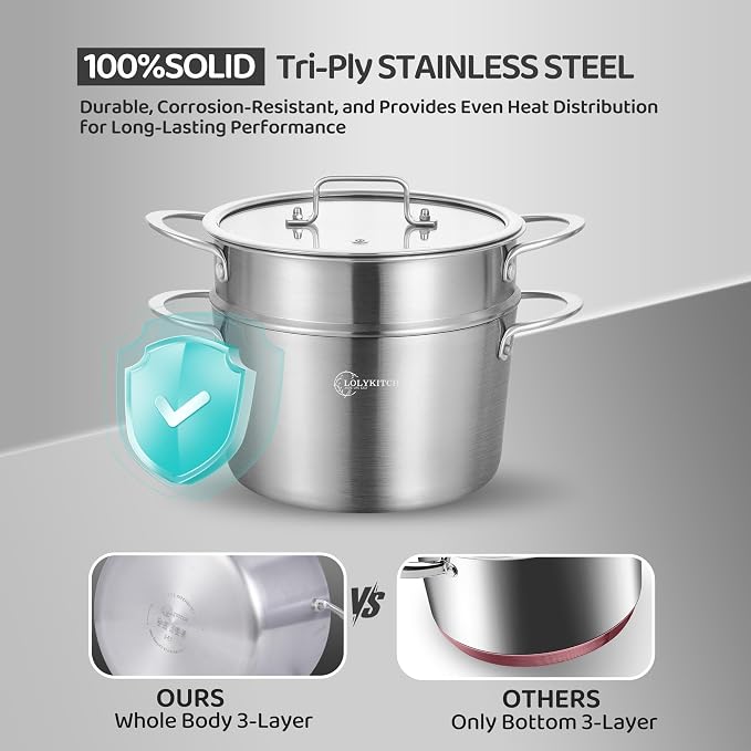 LOLYKITCH 5-Quart Tri-Ply Stainless Steel Steamer Pot with Glass Lid | Steaming Pot for Cooking | 2 Tier Induction Steamer Pot for Tamales Seafood Vegetables Dumplings | Stock Pot | Thick