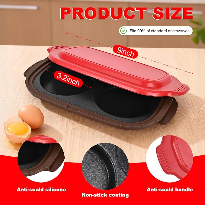 Microwave Egg Poacher & Cooker for 2 Eggs – Multi-Use Fryer with Silicone Lid, Makes Bacon, Omelets & Breakfast Sandwiches | Dishwasher Safe, BPA-Free, Portable for Dorm, Travel, Office (Red)