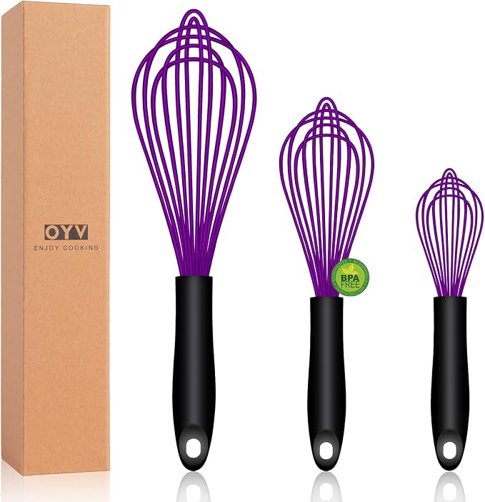 OYV Purple Silicone Whisk Set of 3, 8/10/12 Inch, Dishwasher Safe | Sealed Waterproof Handles, Non-Scratch Silicone-Coated Wires, Nonstick-Safe, Durable Stainless Steel Cores, Easy To Clean