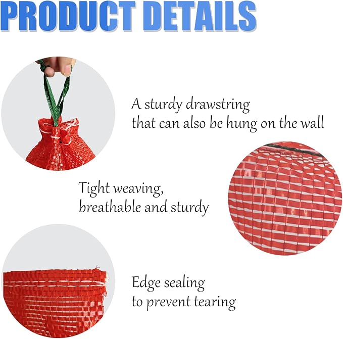 50 Pack Mesh Onion Bags with Drawstring 11"×18" 10LB for Onions Vegetables | Reusable Vegetable Produce Bags Breathable Edge Seam Reinforcement for Crawfish Citrus Firewood