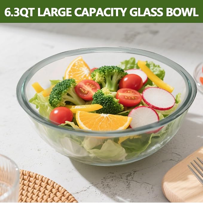 Large Glass Mixing Bowl with Lid,6.3 Quart Thickened Bowl Edges Clear Glass Salad Cooking Bowls for Sourdough, Salad and Storage Prepping