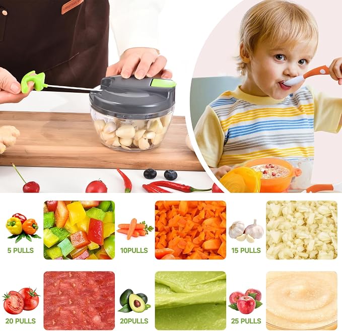 Manual Food Processor Vegetable Chopper, Portable Hand Pull String Garlic Mincer Onion Cutter for Veggies, Ginger, Fruits, Nuts, Herbs, etc., 500ml,（Gray-green）