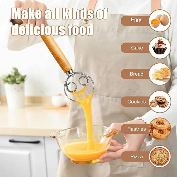 LorisArm Danish Dough Whisk, 13-inch wood handle Stainless Steel Dough Hook Dutch Whisk for Bread Sourdough Mixer Hand Wooden Handle Kitchen Whisking Mixing Tool