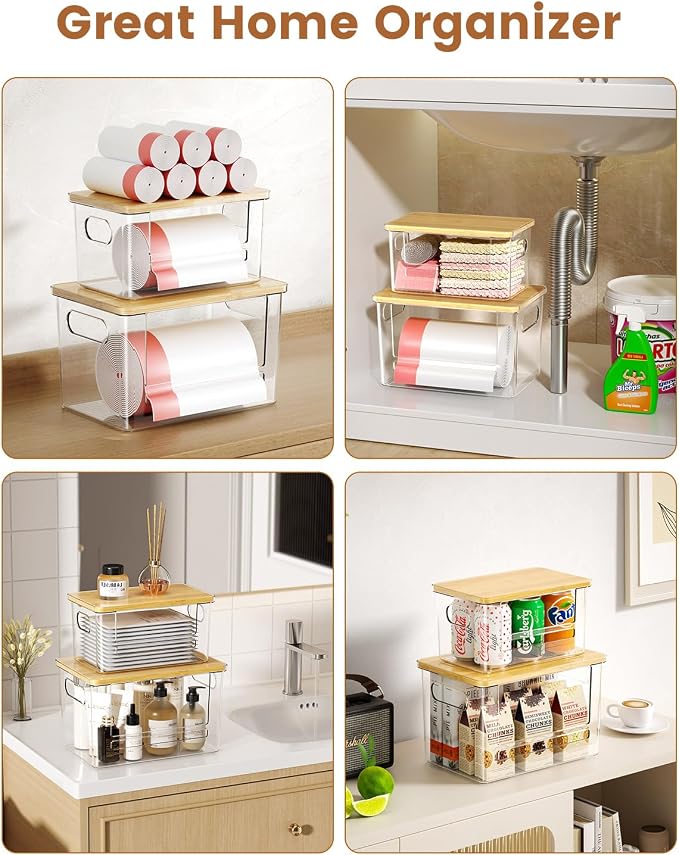 Trash Bag Dispenser 2 Pack, Stackable Trash Bag Holder with Bamboo Lid – Clear Plastic Garbage Bag Organizer for 4-33 Gal Bags, Space-Saving Under Sink Organizer for Kitchen, Laundry, Pantry