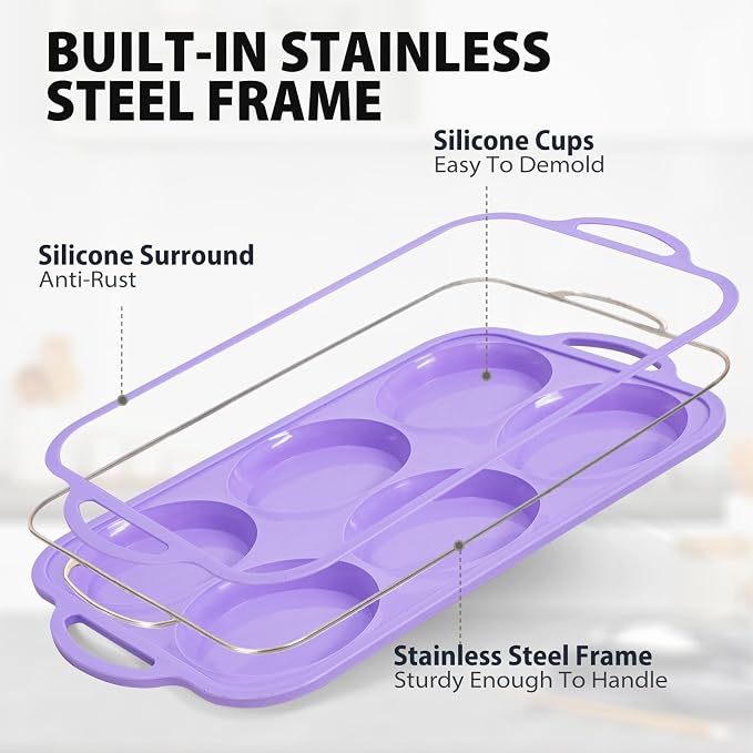 4 Inch Jumbo Silicone Muffin Top Pan with Frame Non Stick Egg Mold Baking | Silicone Egg Mold for Oven, Large Whoopie Pie Baking Pan with Handle for English Breakfast Sandwich Egg Bite Bun Tart Vnray