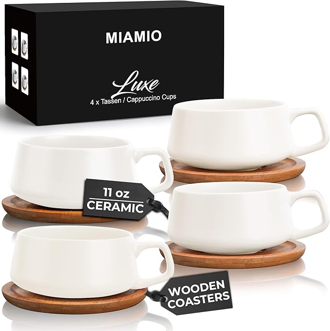MIAMIO - Cappuccino Cup Set of 4, Ceramic (9.5oz) - Luxe (White) | Ceramic cappuccino cups and saucers, wide latte cups and mugs for Americano, 4-piece set of ceramic cups - dishwasher safe