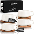 MIAMIO - Cappuccino Cup Set of 4, Ceramic (9.5oz) - Luxe (White) | Ceramic cappuccino cups and saucers, wide latte cups and mugs for Americano, 4-piece set of ceramic cups - dishwasher safe