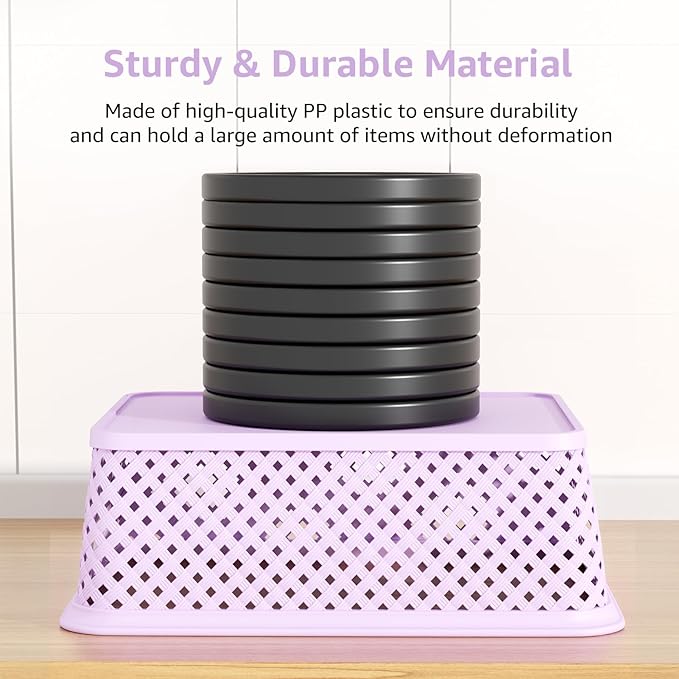 MaxGear 3 Pack Plastic Storage Baskets, Large, Purple | Durable Woven Plastic with Built-In Handles, Suitable for Shelves, Closets, Cabinets, Bathrooms and Offices