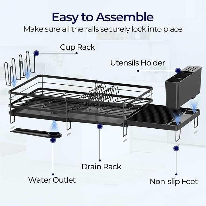 Large Dish Drying Rack, Expandable Dish Rack for Kitchen Counter, Dish Drainer with Drainboard Set, Multifunctional Dishrack with Utensil & Cup Holder, 13.4"-28.7" L x 11.8" W x 7.8" H, Black