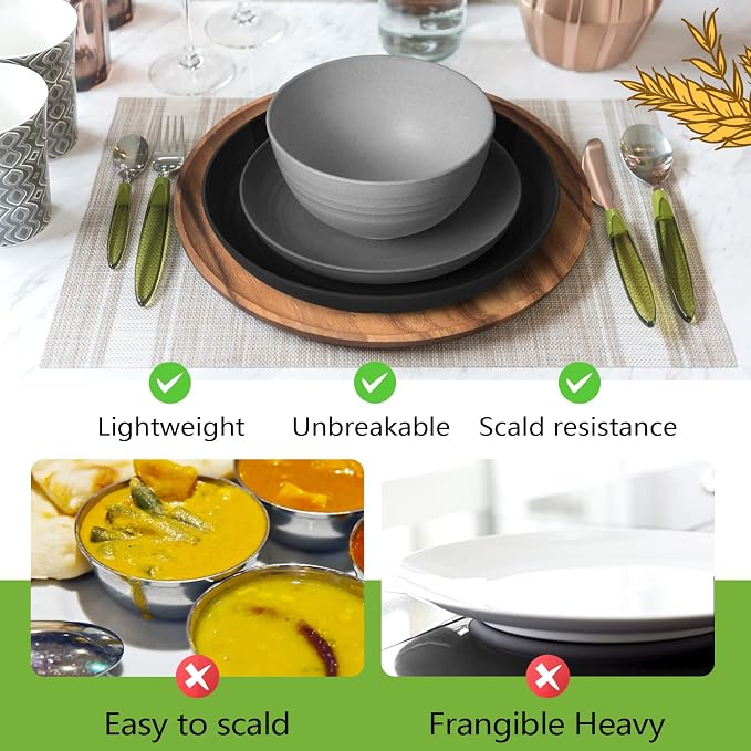 Teivio 32-Piece Plates and Bowls Sets for 8, Wheat Straw Dinnerware Sets | 13.5oz Cups, Plastic Unbreakable Dish Set, Dishwasher, for Outdoor Camping Dinning RV Kitchen Essentials, Gray Ombre