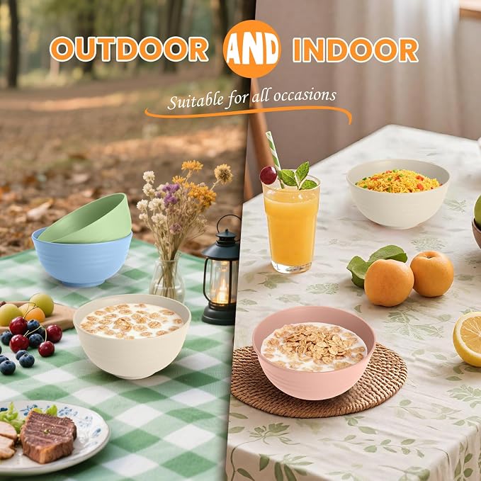 Wheat Straw Bowls, Unbreakable Cereal Bowls Microwave Safe, 8 PCS Lightweight Stackable Snack & Soup Bowls for Kitchen, Camping, Party, Dishwasher Safe Plastic Bowl Alternative (Light, 26oz)