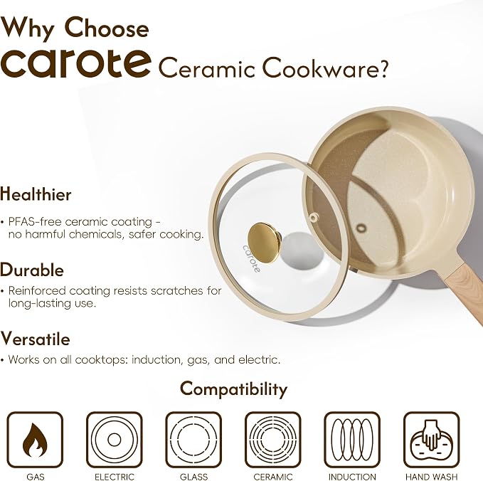 CAROTE Ceramic Nonstick 1.5Qt & 2.5Qt Sauce Pan Sets with Lid | Kitchen Non Toxic Cookware Set with Stay-cool Handle, All Stovetops Compatible, PFOA Free