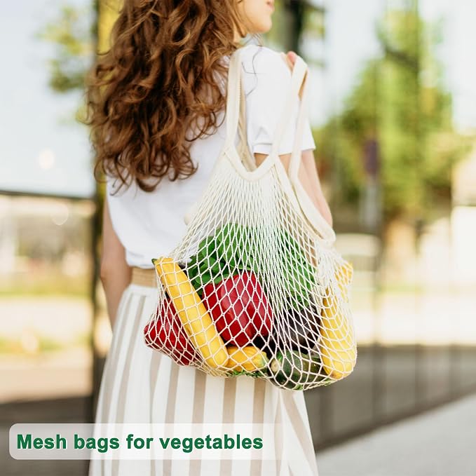 M METERXITY 2-Pack Cotton Mesh Bag, Reusable Washable Mesh Net String Grocery Bags, Reusable Produce Bags with Handle, Net Tote Bag for Fruits/Vegetables Shopping [Gray, Long&Short Handle]