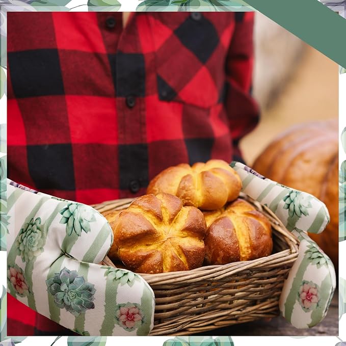 Bencailor 6 Pcs Succulent Kitchen Towels Pot Holders and Oven Mitts Set Soft Cotton Linen Dish Towel Heat Resistant Oven Mitts for Summer Kitchen Decor Cooking Baking Grilling