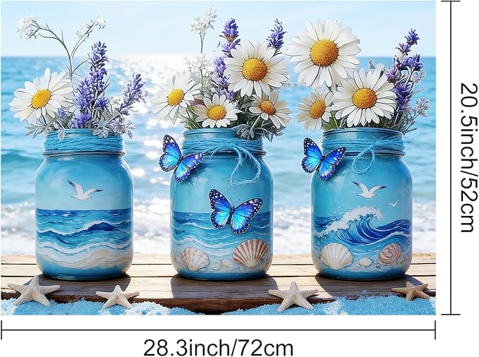 HOMETITUTE Summer Stove Top Covers for Electric Stove 28x20 Inches Coastal Mason Jar Floral Heat Resistant Glass Cooktop Protector Pad Decorative Stovetop Cover for Kitchen Coffee Bar Decor