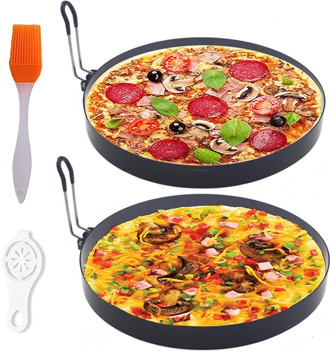 Large 2 Pack 8" Omelette Ring for Griddle, Non-stick Stainless Steel Pancake Ring with Silicone Handle Grill Oil Brush Egg Separator