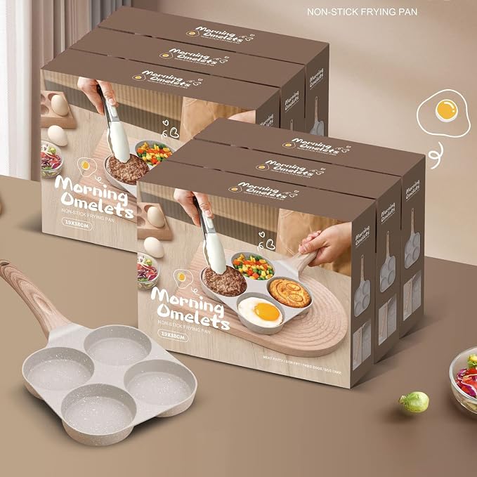 Four-Cup Fried Egg Pan, Medical Stone Non-Stick Frying Pan for Breakfast,Divided Skillet Suitable Gas Stove and Induction Cooker (3-inch eggs) White