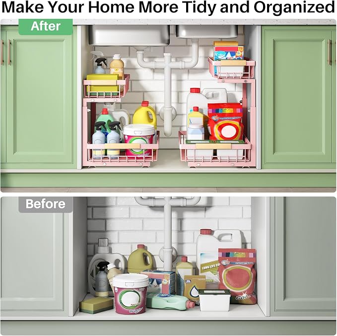 Kitstorack Under Sink Organizer, 2 Tier Under the Sink Storage, Slide out Pull out Cabinet Organizer Shelf, Metal Sliding Drawer for Kitchen Bathroom Pantry Closet Organization Rack, Pink, 2 Pack