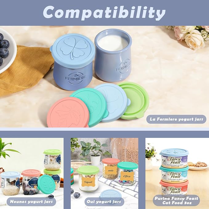 La Fermiere Yogurt Jar Lids, 12 Pack Silicone Yogurt Jar Lids for 4.9 oz La Fermiere, Colorful Cover for 5oz Oui Yogurt Glass Jars, Leakproof Nounos Yogurt Bottle Lids