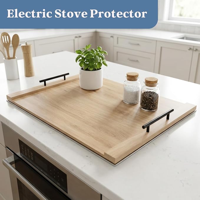 Oak Wood Stove Top Cover for Gas & Electric Range | 30"x22" Farmhouse Noodle Board with Handles | RV Kitchen Workspace Saver