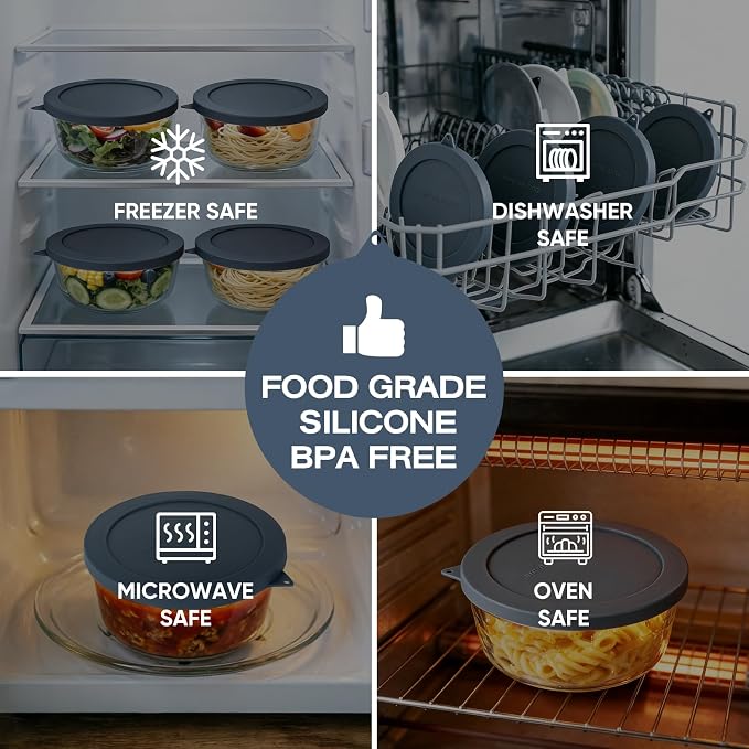 Silicone Lids Replacement for Snapware 7201R 4 Cup Round Glass Storage Containers (Containers Not Included) (Navy Blue - 4 Pack)