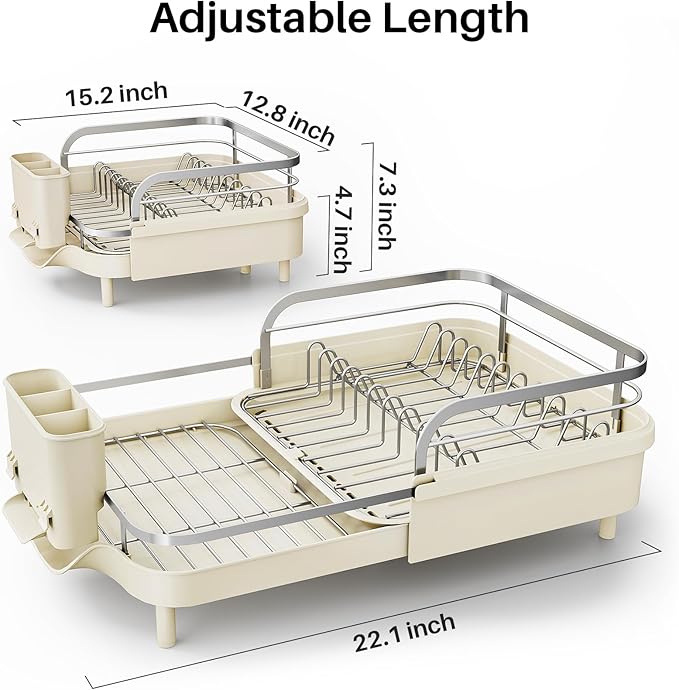 SNTD Expandable Dish Drying Rack for Kitchen Counter, 15.2-22.1 in, Beige | Rust-Resistant Stainless Steel, Protective Side Rails, Self-Draining Drainboard, Removable Utensil Holder