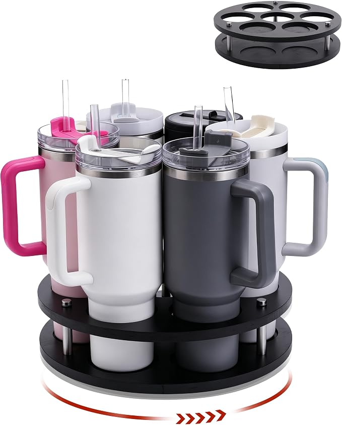 Rotating Wood Tumbler Organizer, 30 oz 40 oz Spinning Turnable Tumblers Holder, 360° Rotatable 7 Large Cups Bottle Tumbler Storage Display Stand, Rotate Syrup Organizer for Cabinet Countertop（Black）
