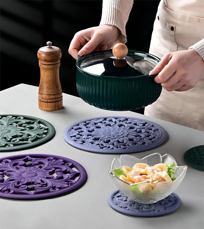 Silicone Trivets - Silicon Mats for Hot Pots and Pans, Multi-Use Carved Hot Pads, Flexible Modern Kitchen Table Mat, Heat Resistant Round Teapot Coaster Set of 3 Blue