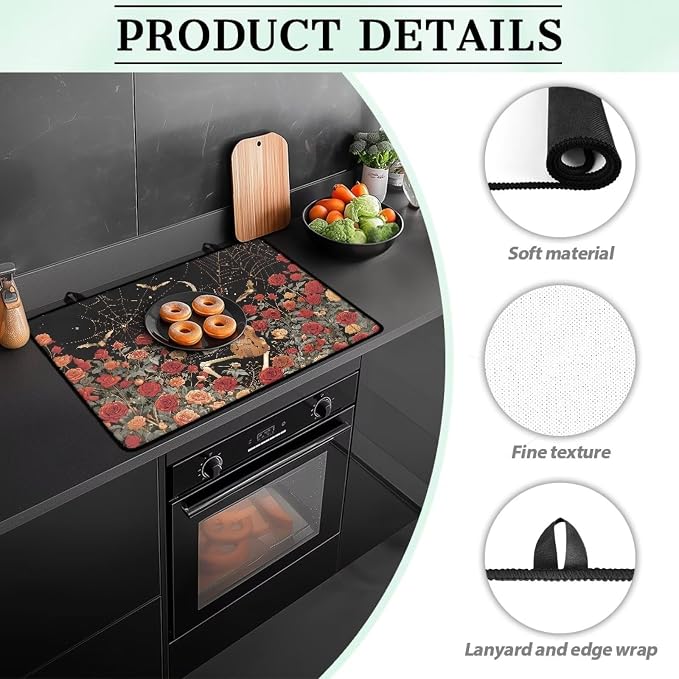 Halloween Skeleton Rose Cover for Electric Stove, Induction Cooktop Protector, Non-slip Dust-proof Dish Drying Mat, Portable tove Guard Protector, Heat Resistant Insulation Pad