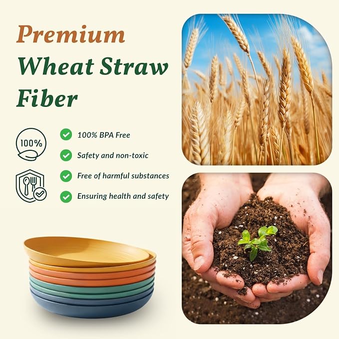 Deep Dinner Plates Set of 8 Alternative for Plastic Plates Microwave and Dishwasher Safe Wheat Straw Plates for Kitchen Unbreakable Salad Plate with 4 Colors (Colorful, 11 inch)