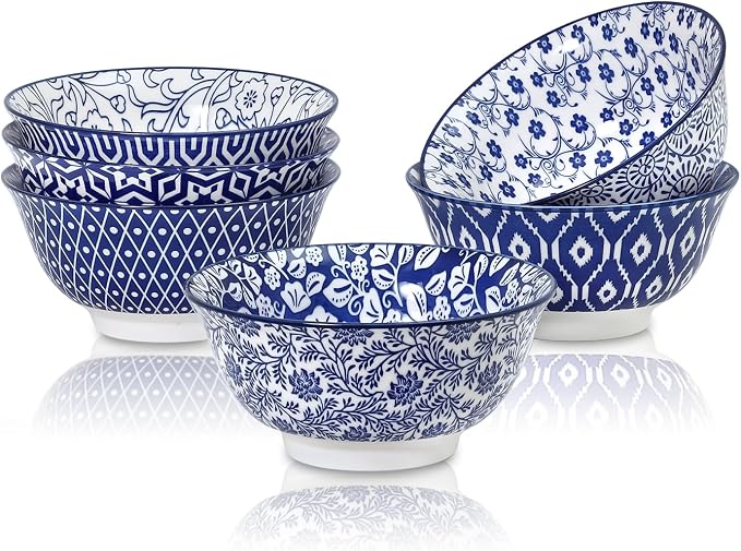Selamica 7 inches Porcelain Cereal Bowl Set - Set of 6, Soup Bowls, Ceramic bowls for Cereal, Soup, Salad and Pasta, Vintage Blue