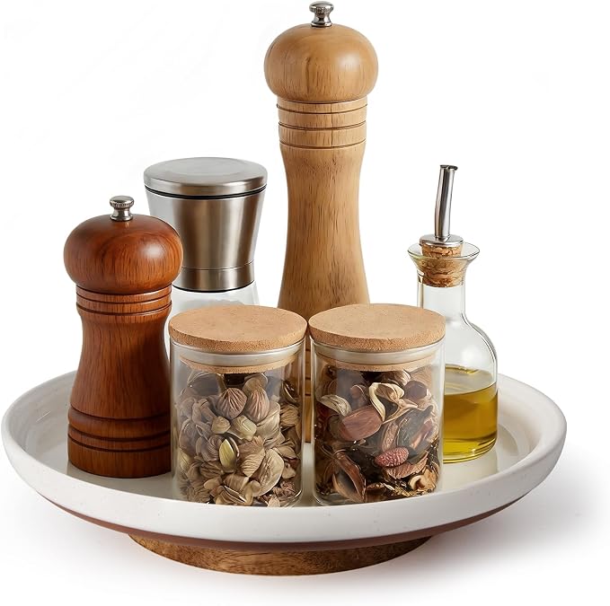 Ceramic Lazy Susan Turntable Organizer, 10.3 Inch Round Rotating Tray with Acacia Wood Base, White Speckled Glazed Spice Rack for Kitchen Countertop, Dining Table,Farmhouse Decor，Khaki White