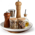Ceramic Lazy Susan Turntable Organizer, 10.3 Inch Round Rotating Tray with Acacia Wood Base, White Speckled Glazed Spice Rack for Kitchen Countertop, Dining Table,Farmhouse Decor，Khaki White