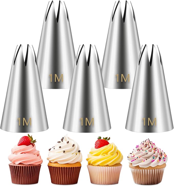 Suuker 1M Piping Tips Set, 5-Piece Large Star Cake Decorating Tips | 5 Matching 1M Large Star Tips for Swirls, Rosettes, Shells and Borders on Cakes, Cupcakes and Cookies