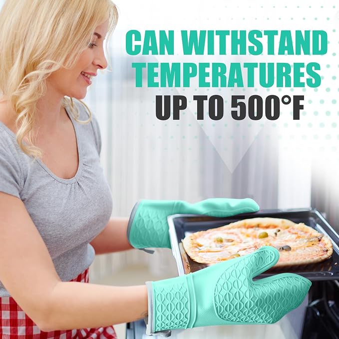 Silicone Oven Mitts, Heat Resistant 2PCS Oven Mitts with Soft Cotton Lining, Waterproof Non-Slip Grip Oven Glove, Kitchen Potholder Mits for BBQ, Baking, Cooking, 12.5 Inch - Green