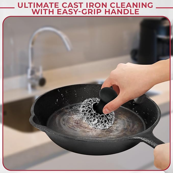 316L Chainmail Scrubber Cleaner Kit - Chain Scrubber with Long Grip Handle | Zylark Chain Mail Scrubber Cast Iron - Cast Iron Skillet Scrubber - Chain Scrubber with Long Handle