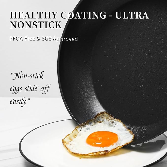 Innerwell Nonstick Ceramic Frying Pans Skillets Set with Lid 8"+9.5"+11" | No Toxic Egg Omelette Frying Pan, All Stove Compatible, Healthy Granite Induction Cooking Pan, PFOA & PFAS Free, Black