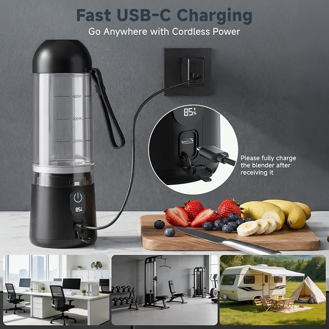 Portable Blender, USB C Rechargeable Small Smoothie Blender with Lid | Personal Blender for Shakes, protein, 8 Blades, Travel Friendly Mini Mixer for Home, Office, Gym, 17oz Black