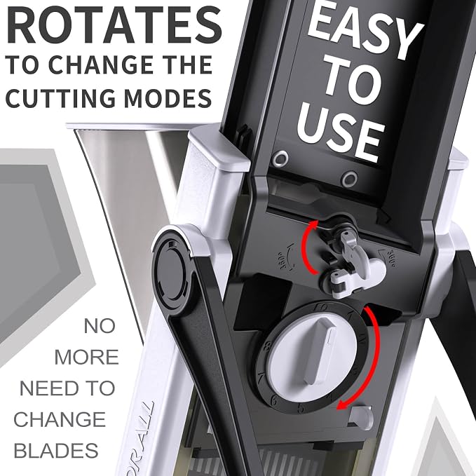 ONCE FOR ALL Safe Mandoline Slicer Plus, Bigger Size, Potato Slicer, Black | 0.1-8mm Adjustable Vegetable Food Chopper, Kitchen Mandoline Slicer Stainless Steel, Detachable Blade, Dishwasher-safe, Gift