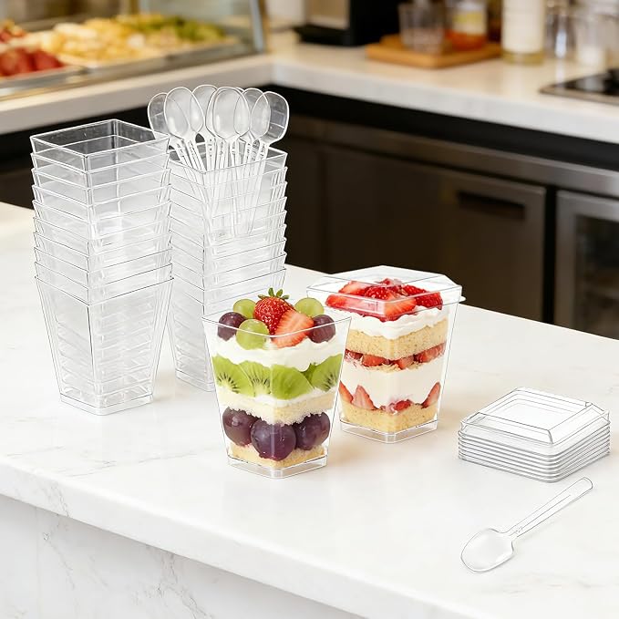 Ginkgo 100 Sets (300 Pieces) 5 oz Dessert Cups with Lids and Spoons | Sturdy & Food Safe, Clear Disposable Parfait Cups for Appetizer, Pudding, Jello, Mousse, Ice Cream, Party & Catering Supplies