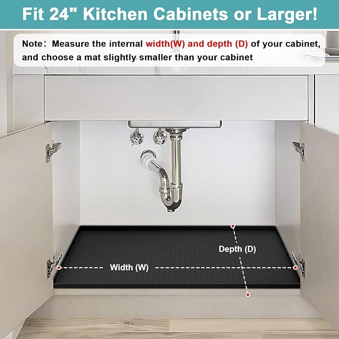 Silicone Under Sink Mat 22" x 19", Under Sink Mats for Kitchen Waterproof, Under Sinks Protector Liner Tray Organizer for Kitchen and Bathroom Cabinets, Black